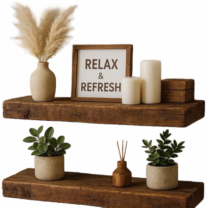 Floating Shelves - 2 Adet Rustik Ahşap Duvara Monte
