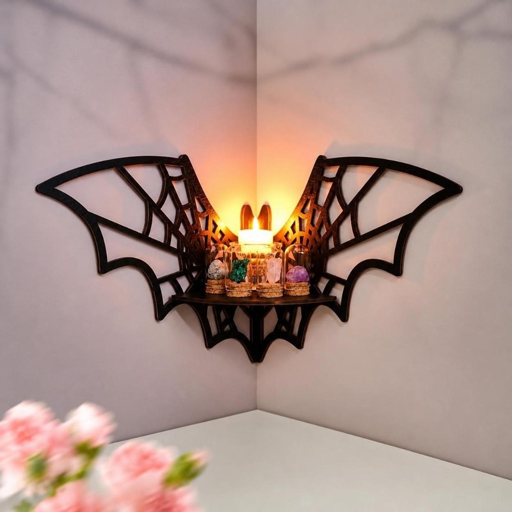 Floating Shelves - Ahşap Köşe Rafı Oyuk Desenli Duvara