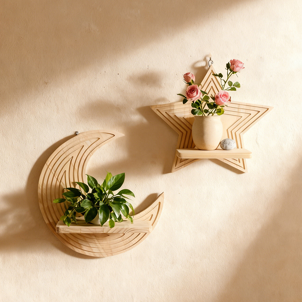 Floating Shelves - Ay Yıldız Şeklinde Ahşap Yüzer Duvar